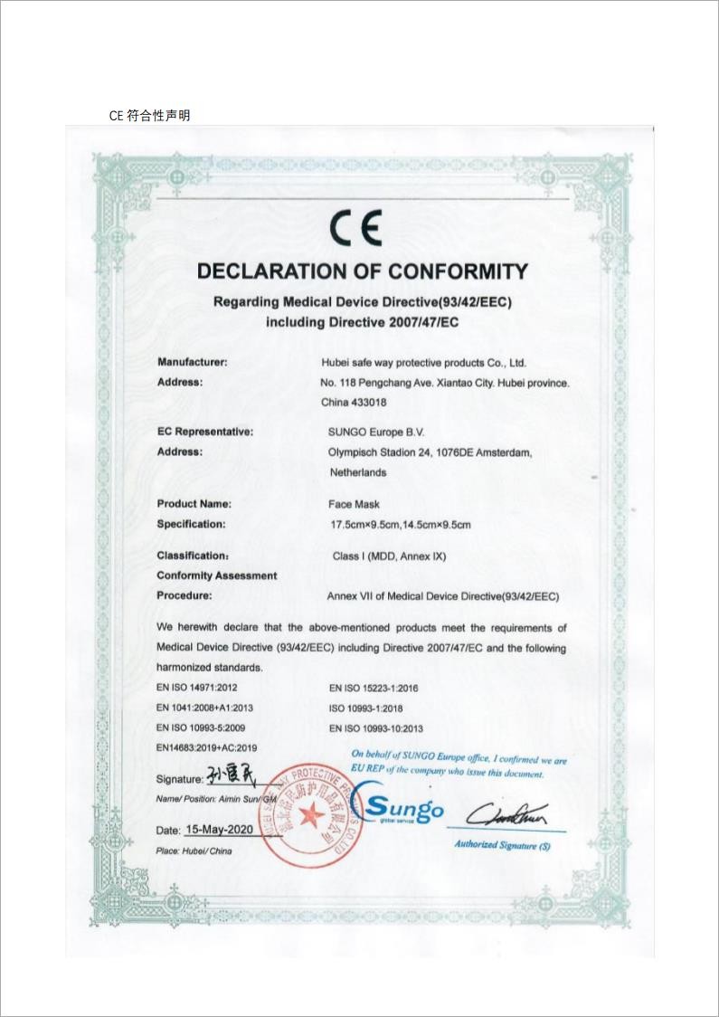 Cina HUBEI SAFETY PROTECTIVE PRODUCTS CO.,LTD(WUHAN BRANCH) Certificazioni